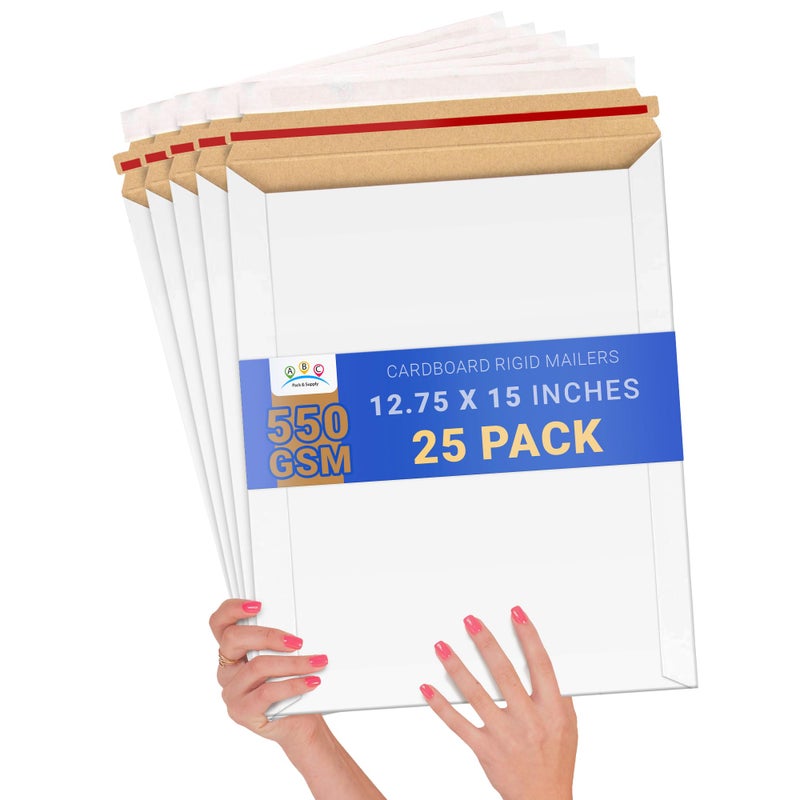 ABC PACK & SUPPLY White Rigid Mailers, 12.75 x 15 Inches. Pack of 25 Photo Mailer Envelopes. Flat Cardboard Mailers Self-Seal. Sturdy Cardboard Photo Envelope. Recyclable Hard Shipping Envelopes - Image 1